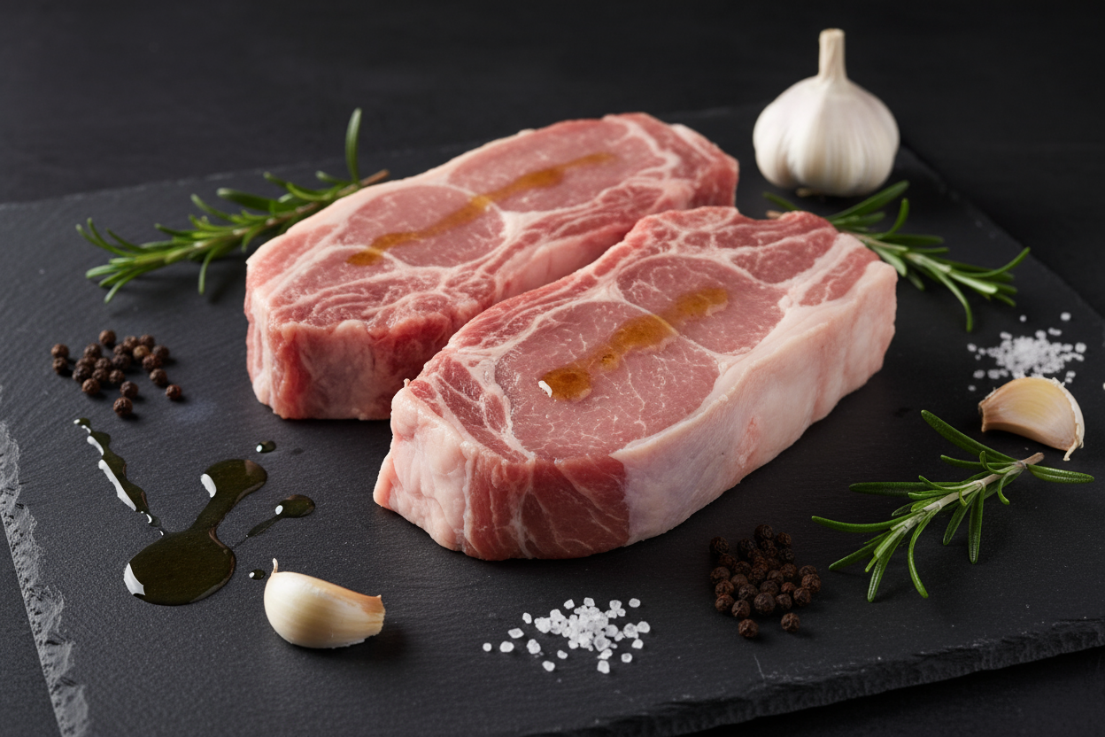 Raw luxury pork chops on black slate background with prop ingredients