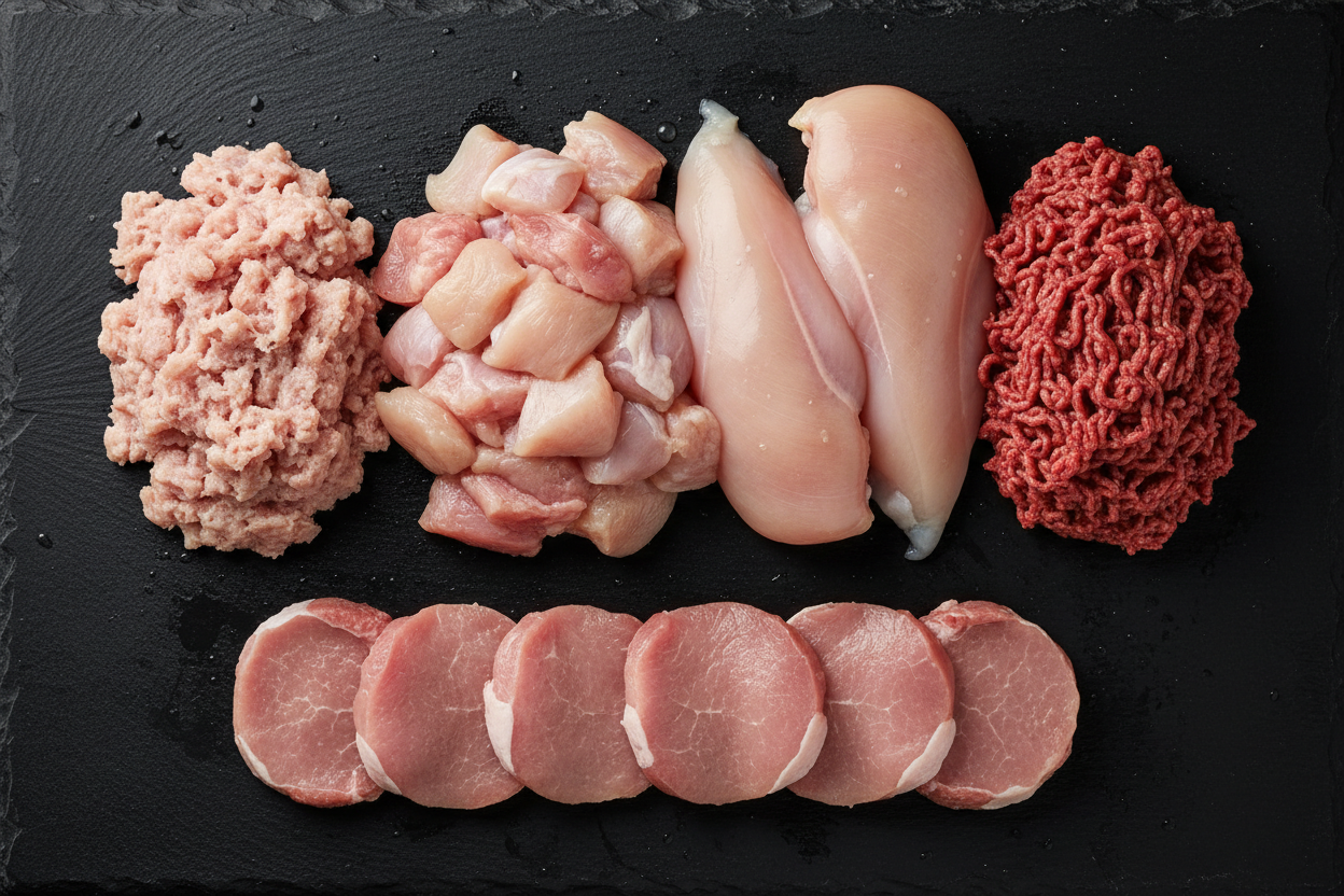 What’s included:
1kg diced chicken
1kg chicken fillets
750g turkey mince
750g 95% lean beef mince
500g lean pork medallions
no numbers or labels, and on a black slate