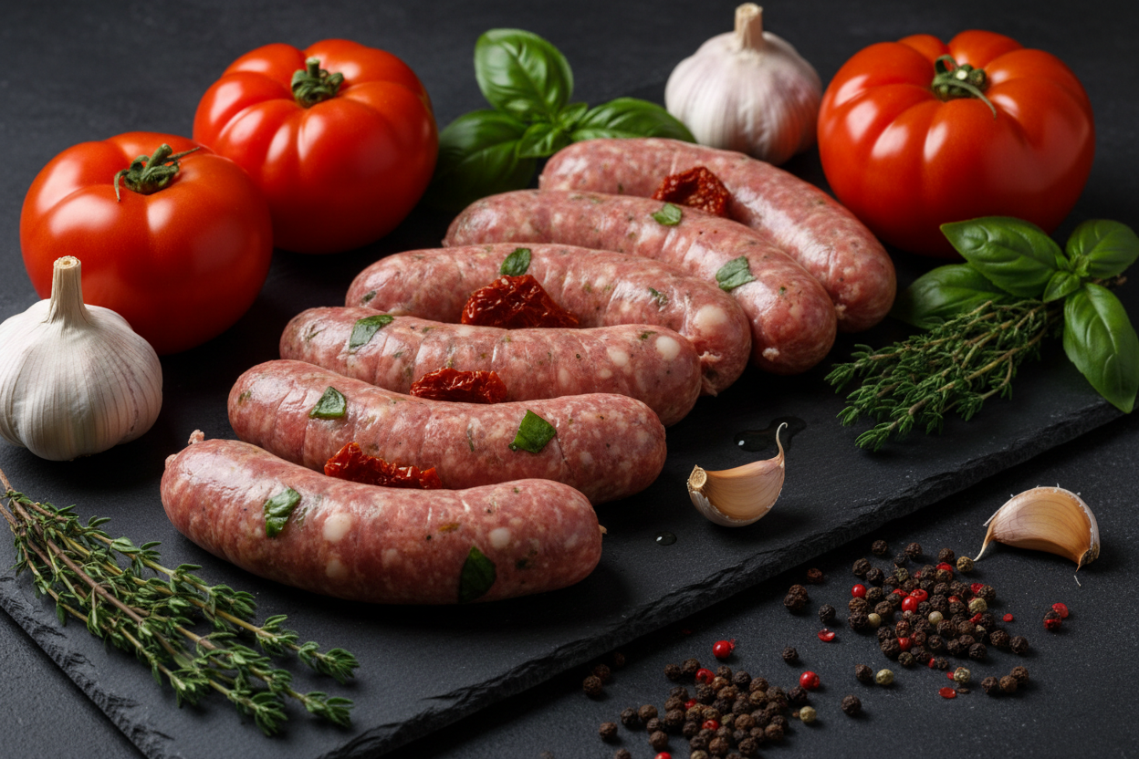 premium tomato sausages on black slate background with prop ingredients