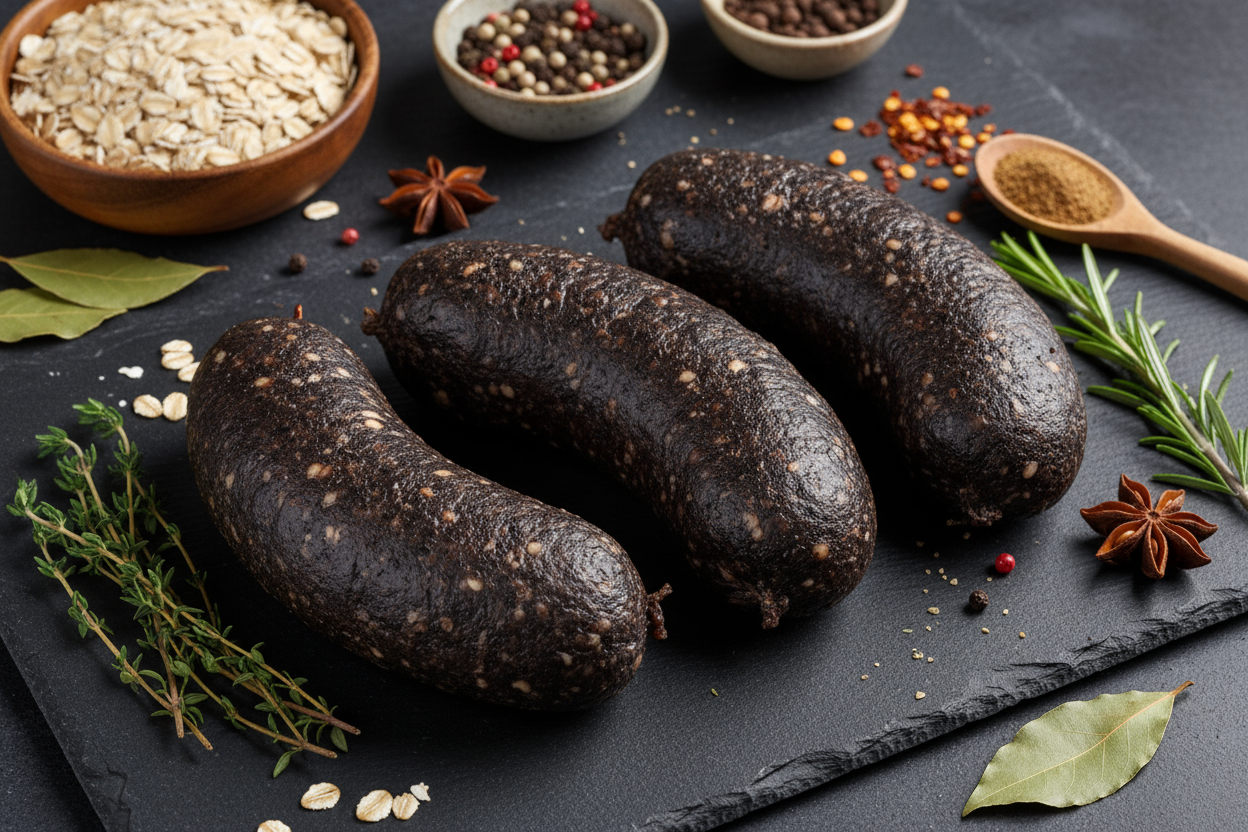 raw black pudding in 150g individual sausages on black slate background with prop ingredients
