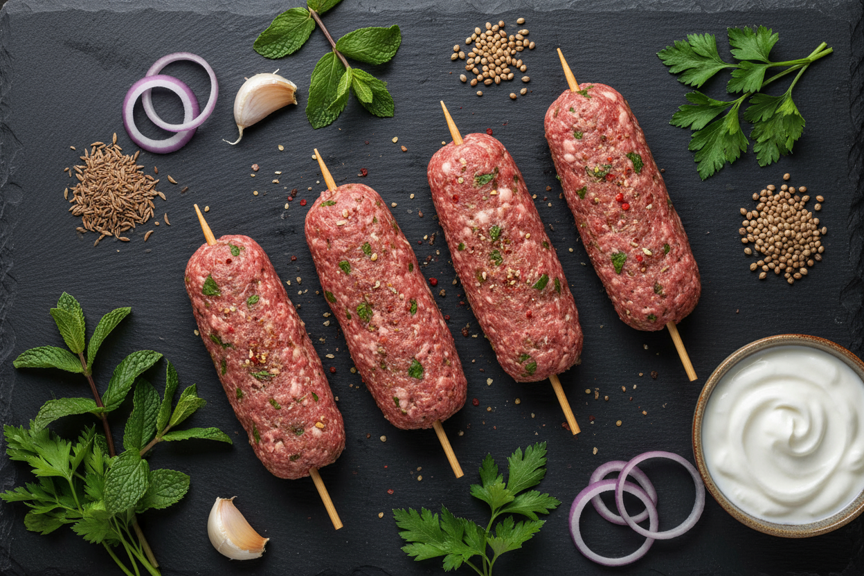 Raw luxury 4 pack of lamb kofta on black slate background with prop ingredients
