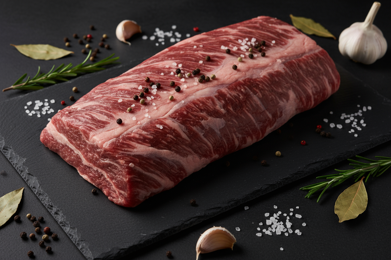 Raw luxury beef brisket on black slate background with prop ingredients