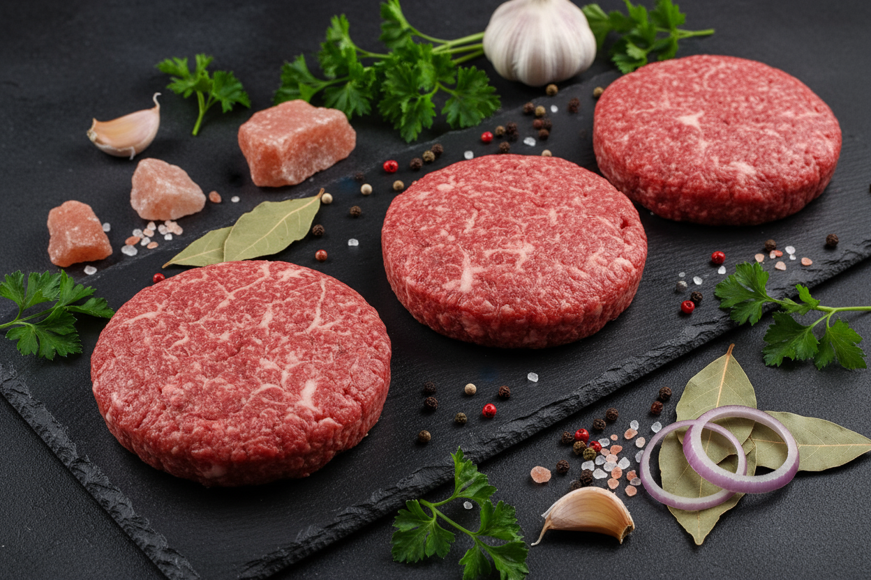 Raw luxury beef burgers on black slate background with prop ingredients