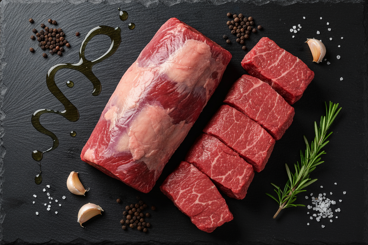 Raw luxury beef fillet joint and steaks on black slate background with prop ingredients
