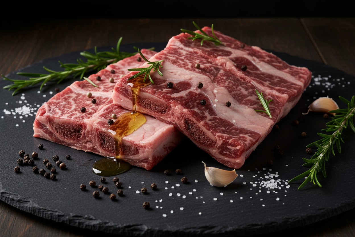 Raw luxury beef short ribs on black slate background with prop ingredients