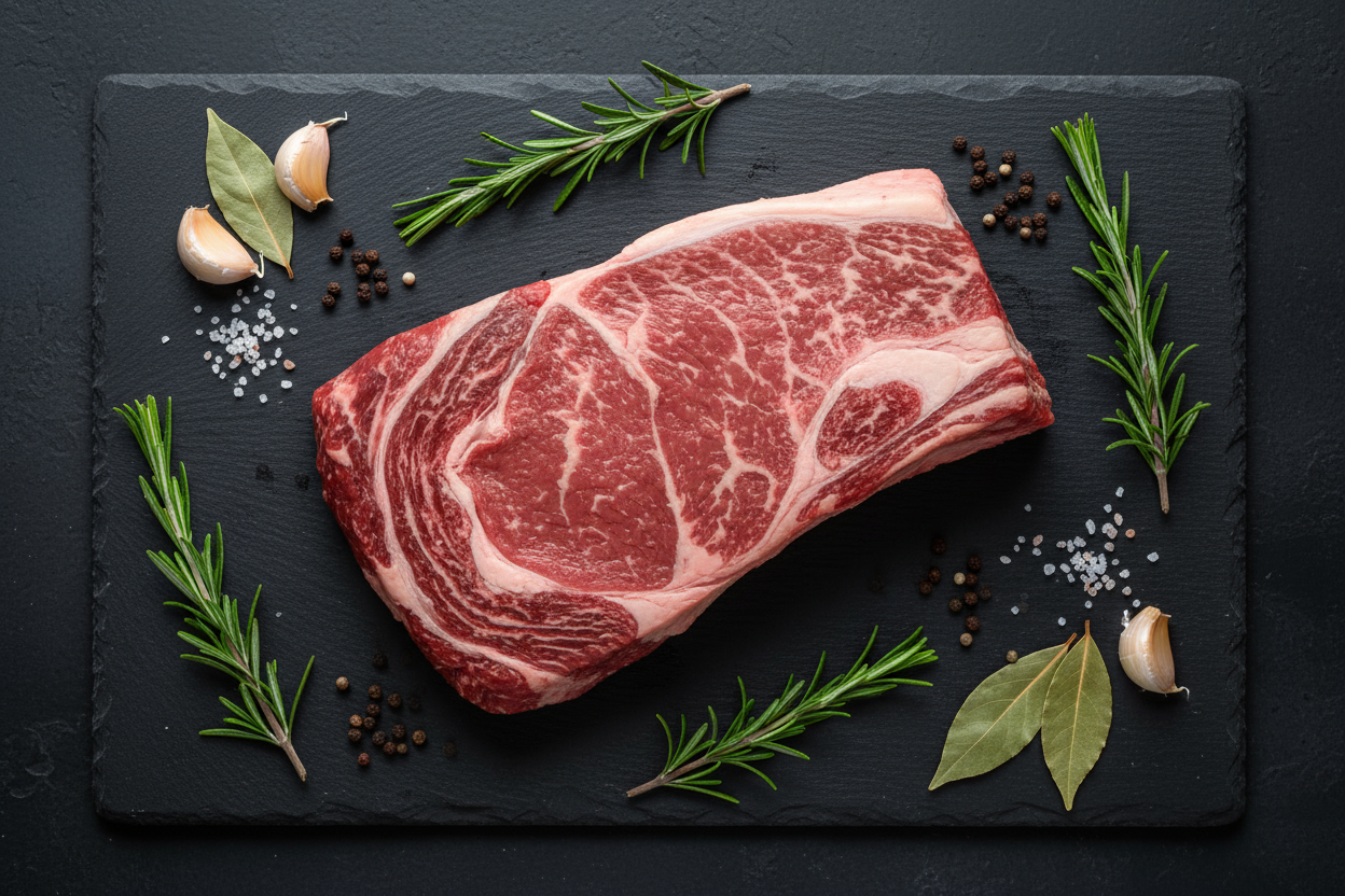 Raw luxury beef topside joint on black slate background with prop ingredients