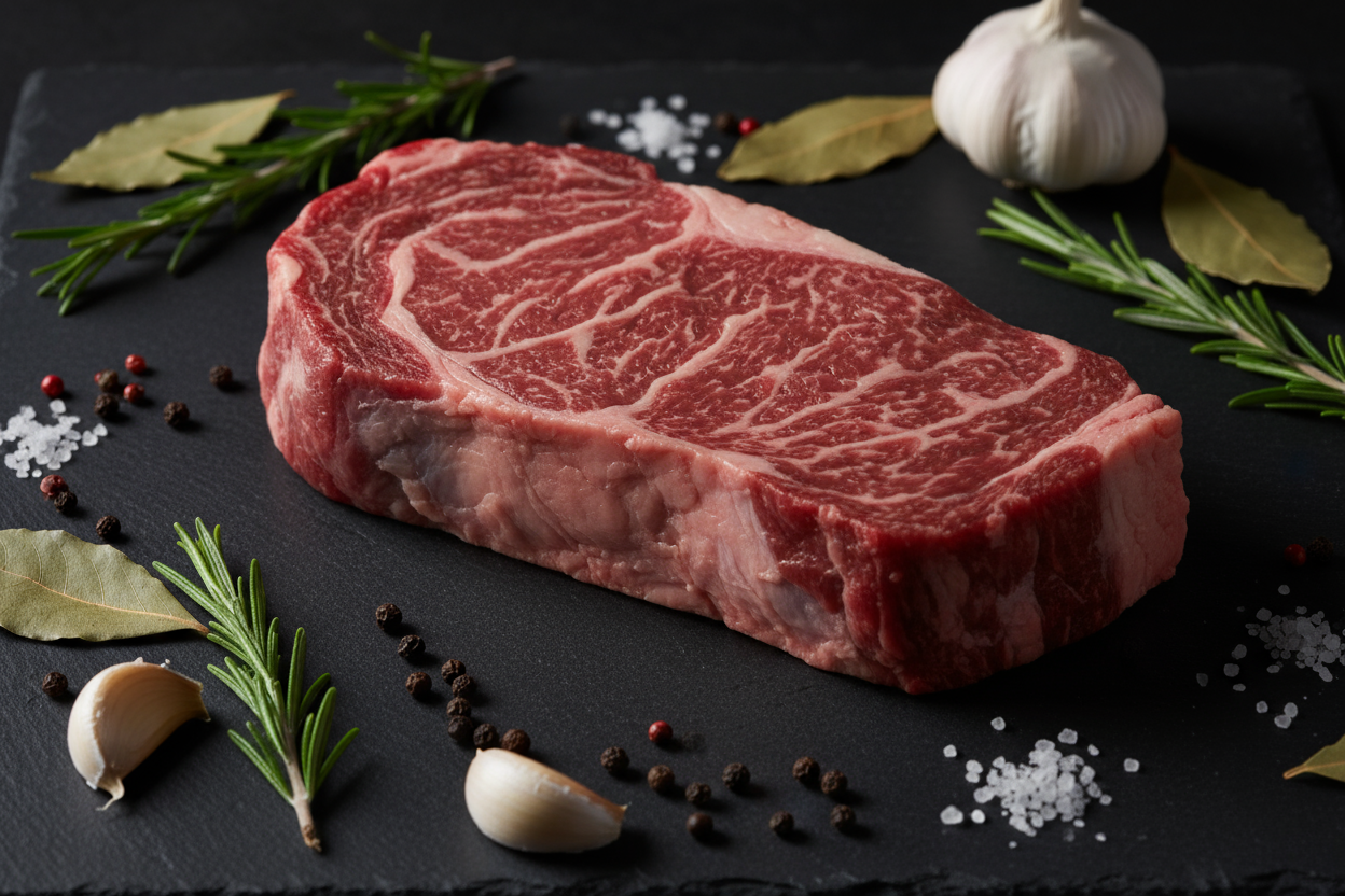 Raw luxury braising steak on black slate background with prop ingredients