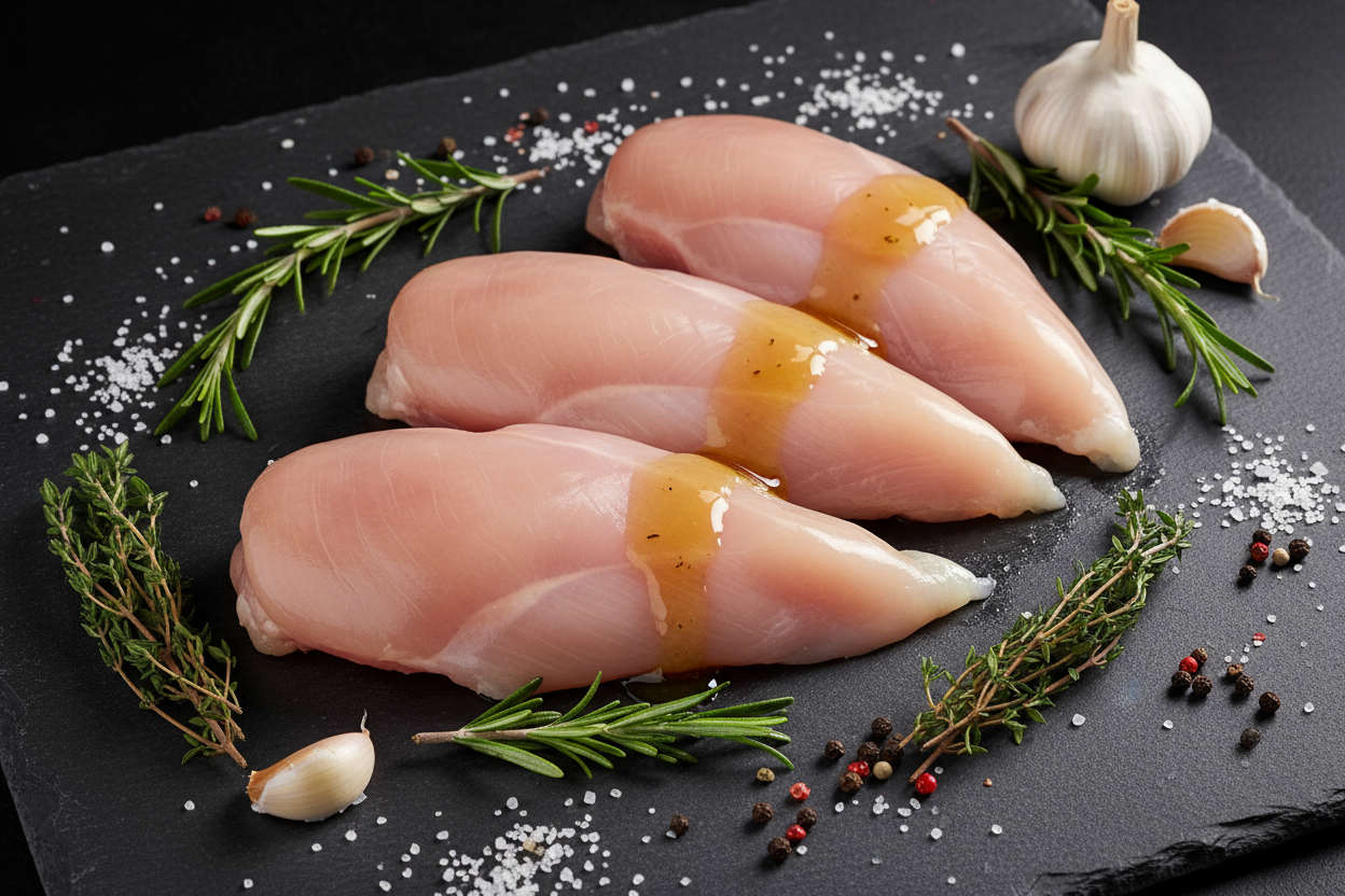 Raw luxury chicken breast on black slate background with prop ingredients
