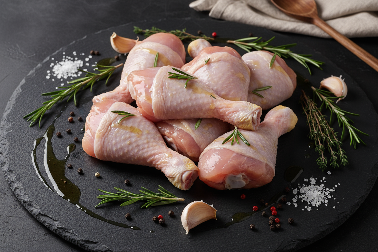 Raw luxury chicken drumsticks# on black slate background with prop ingredients