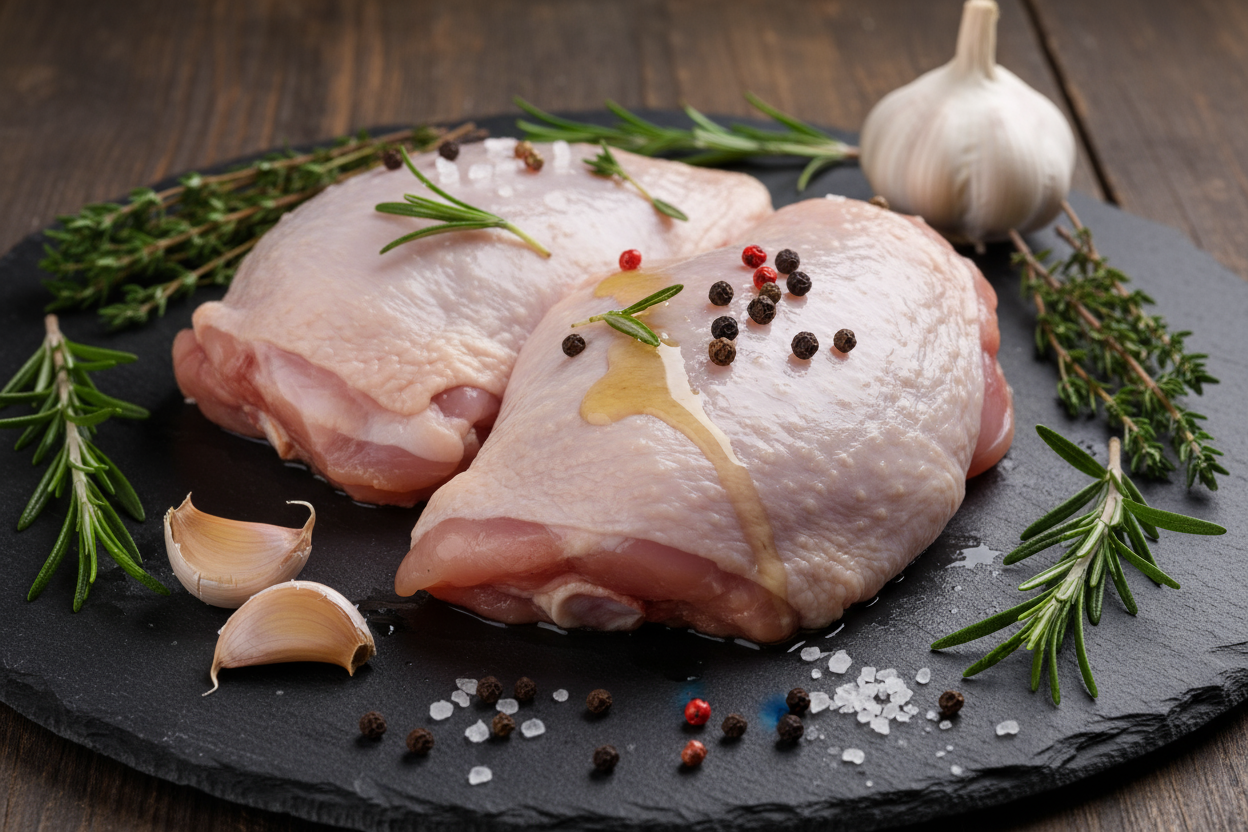 Raw luxury chicken thigh on black slate background with prop ingredients