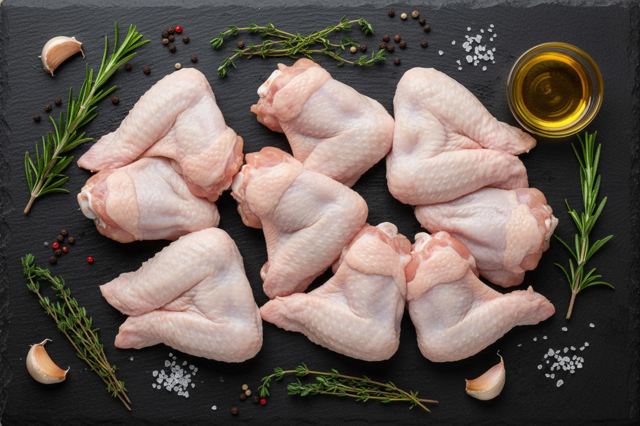 Raw luxury chicken wings on black slate background with prop ingredients