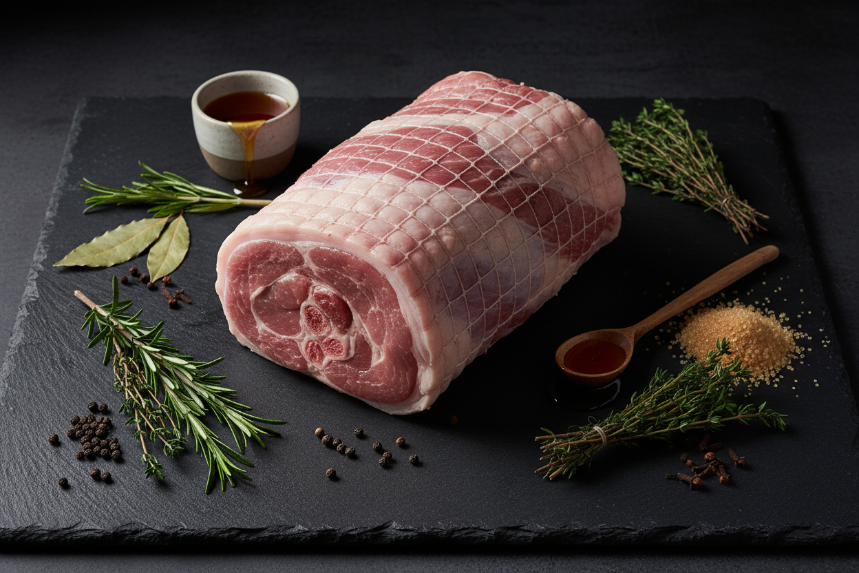 Raw luxury gammon on black slate background with prop ingredients