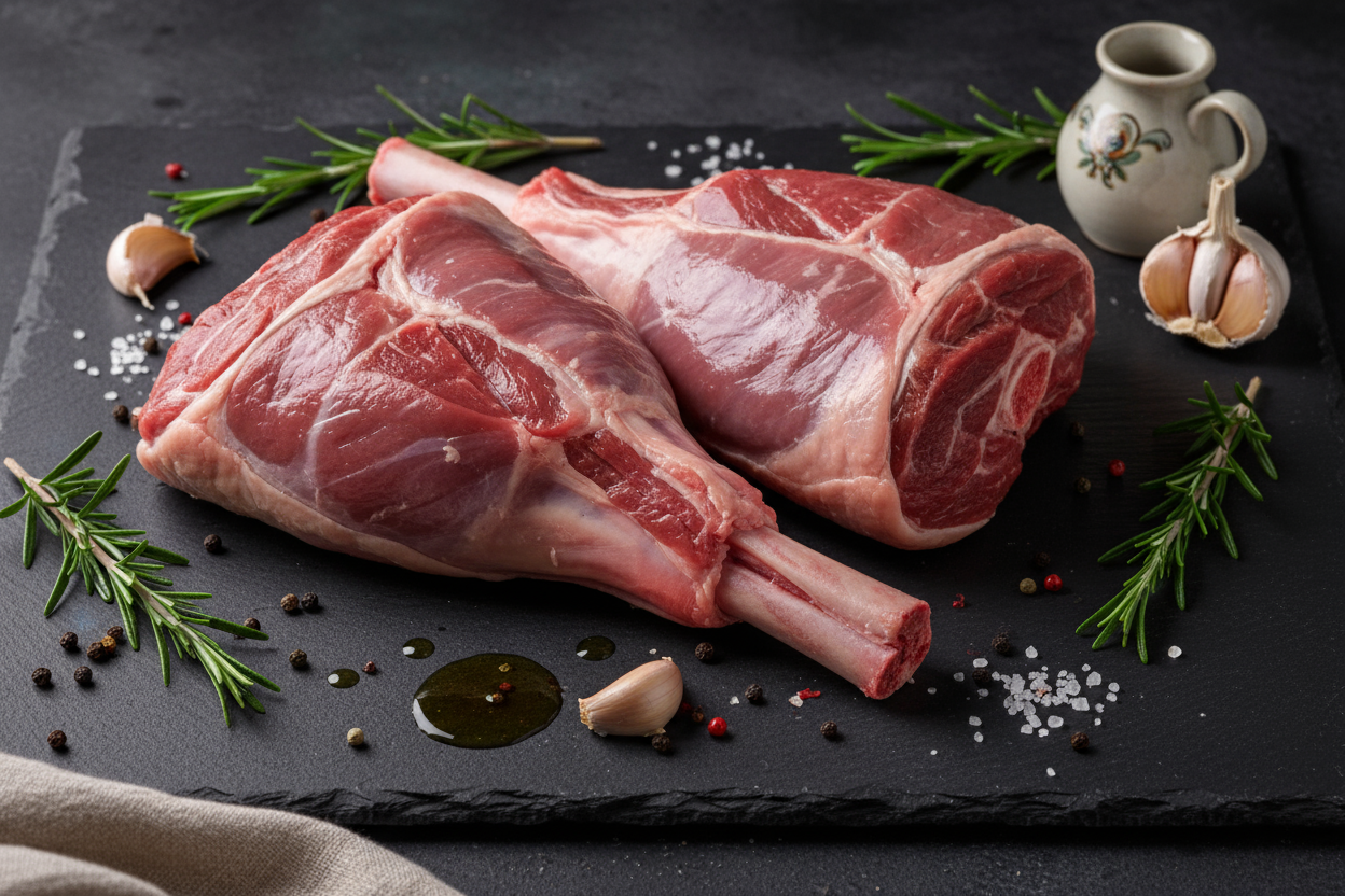Raw luxury lamb shanks on black slate background with prop ingredients