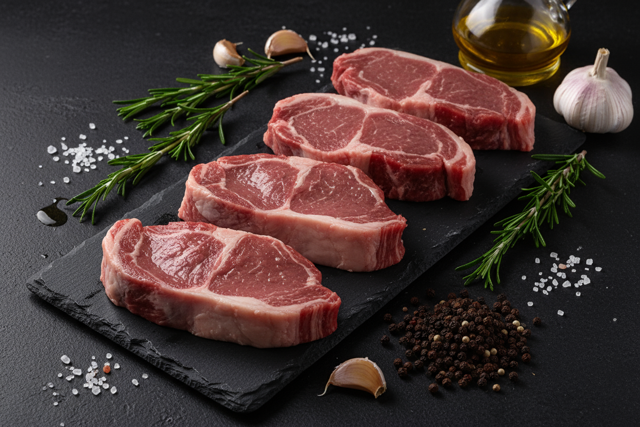 Raw luxury lamb steaks on black slate background with prop ingredients