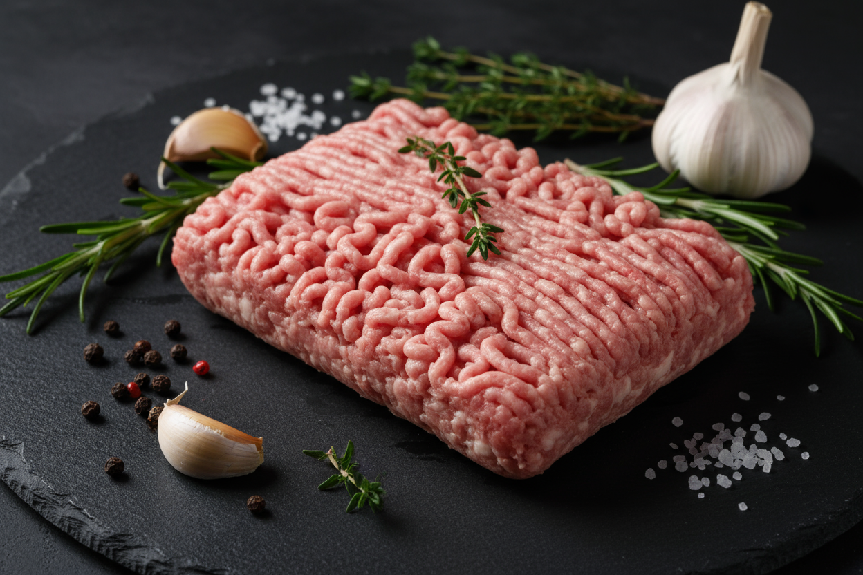 Raw luxury lean pork mince on black slate background with prop ingredients