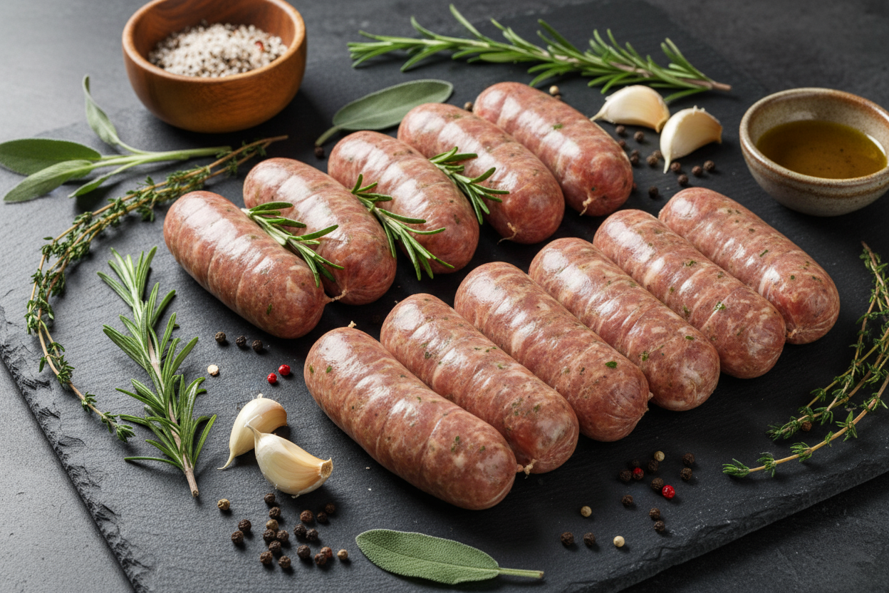 Raw luxury lincolnshire pork sausages size 6 individual links on black slate background with prop ingredients