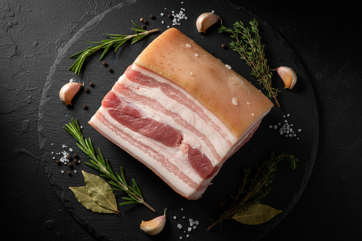 Raw luxury pork belly joint on black slate background with prop ingredients