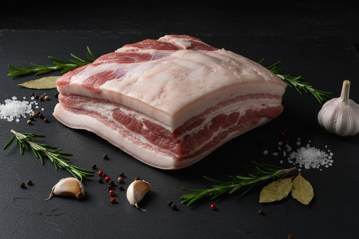 Raw luxury pork belly on black slate background with prop ingredients
