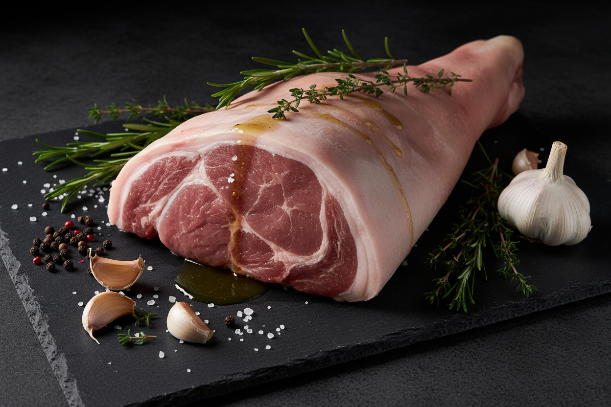Raw luxury pork leg joint on black slate background with prop ingredients