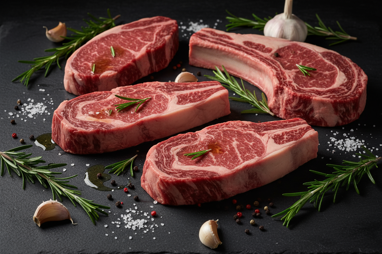 Raw luxury ribeye steaks and joint on black slate background with prop ingredients