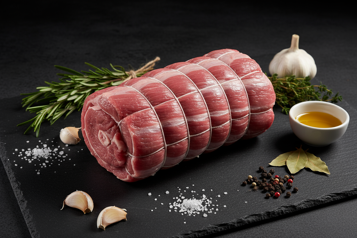 Raw luxury rolled leg of lamb on black slate background with prop ingredients