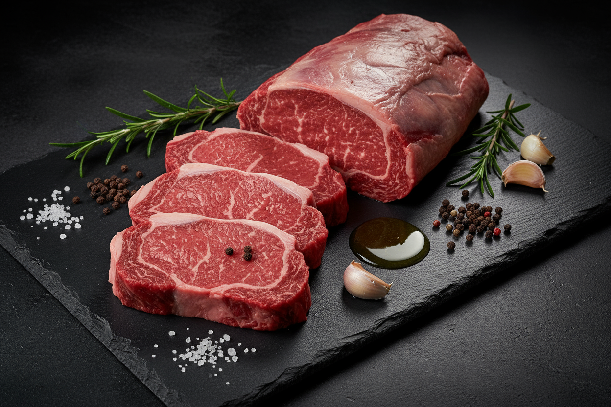 Raw luxury rump steaks and joint on black slate background with prop ingredients