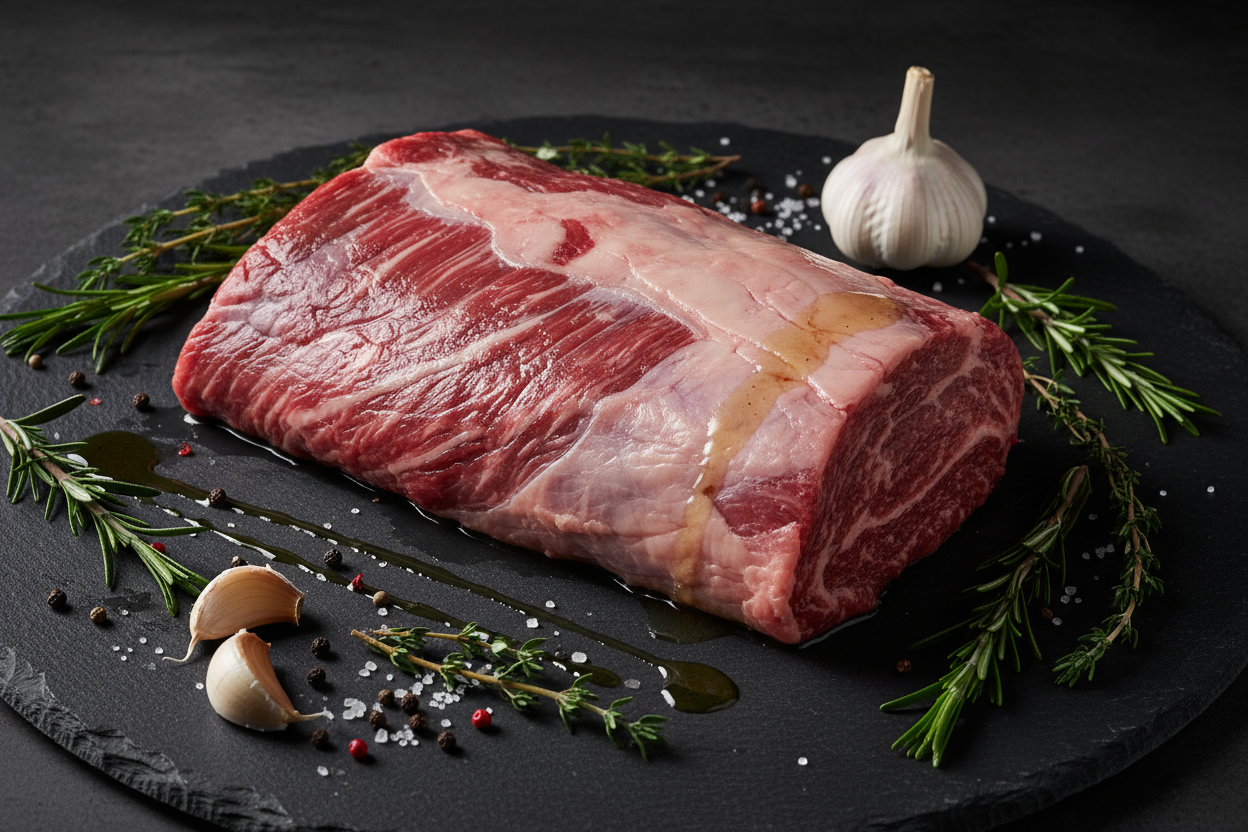 Raw luxury silverside beef joint on black slate background with prop ingredients