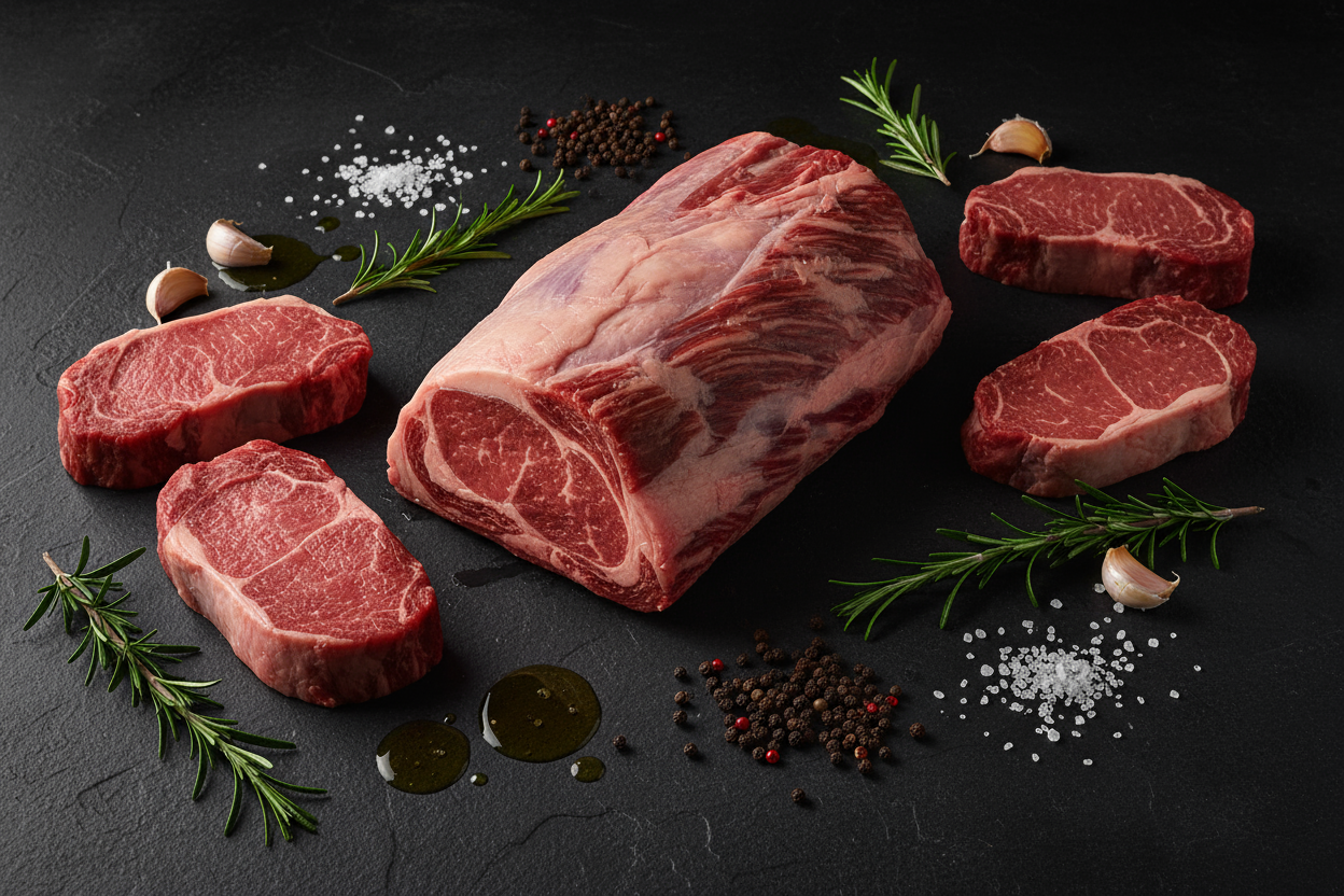 Raw luxury sirloin joint and steaks on black slate background with prop ingredients