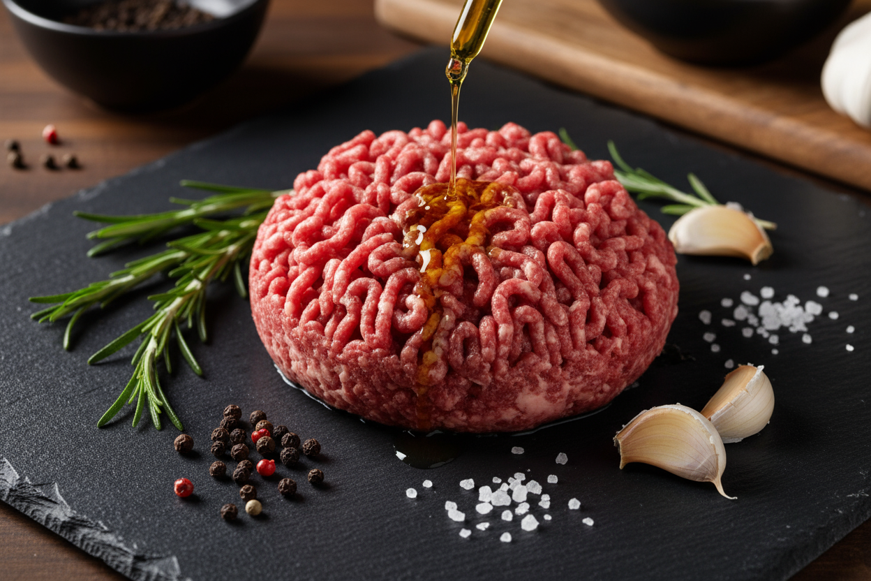 Raw luxury steak mince on black slate background with prop ingredients