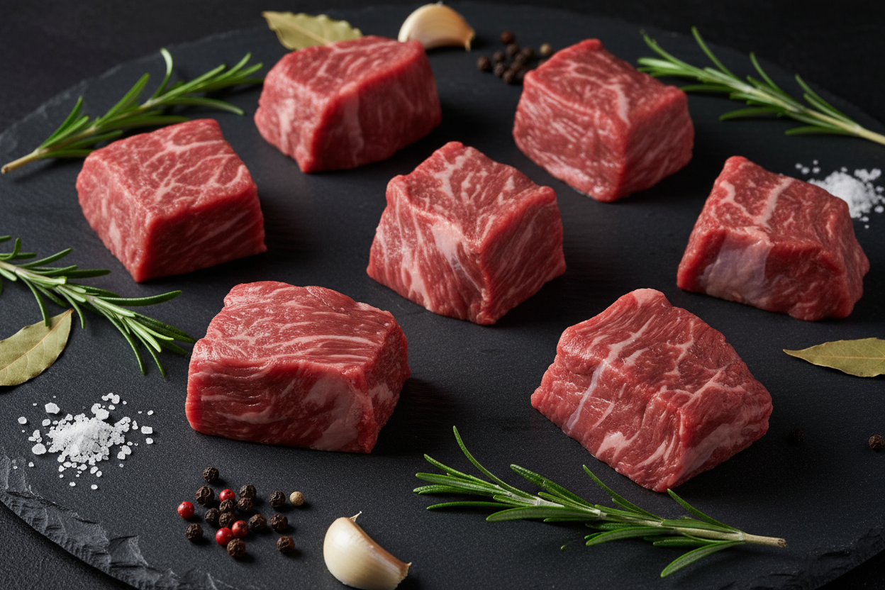Raw luxury stewing steak on black slate background with prop ingredients