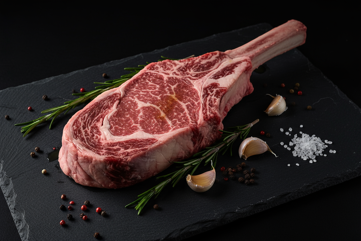 Raw luxury tomahawk beef steak on black slate background with prop ingredients