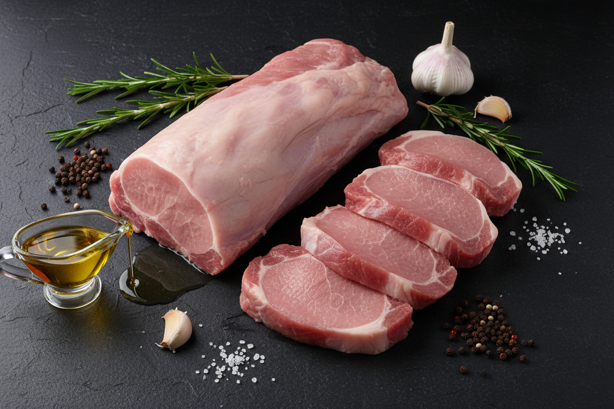 raw pork tenderloin as a joint and steaks on black slate background with prop ingredients