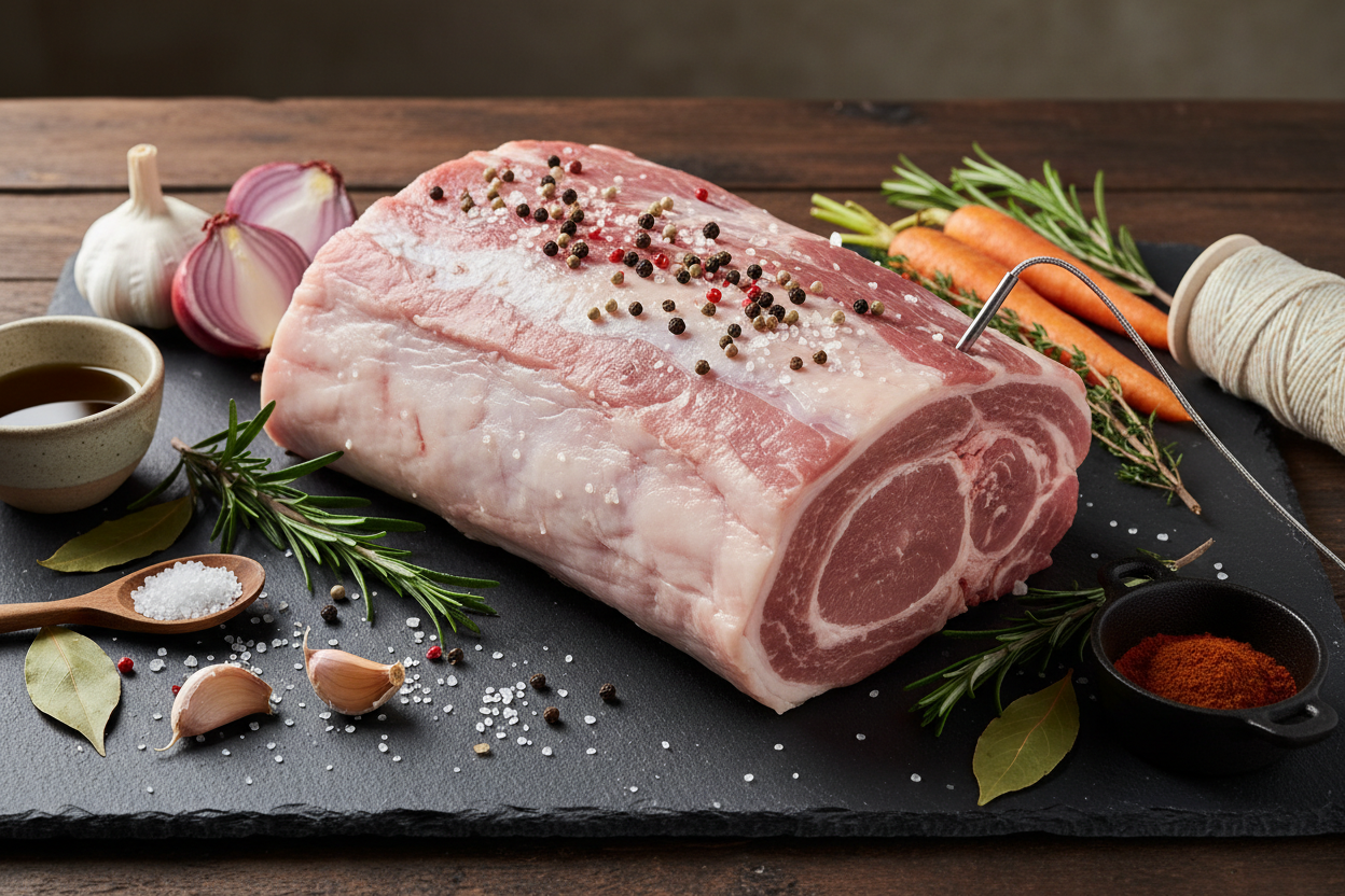 raw premium quality boneless pork joint on black slate background with prop ingredients
