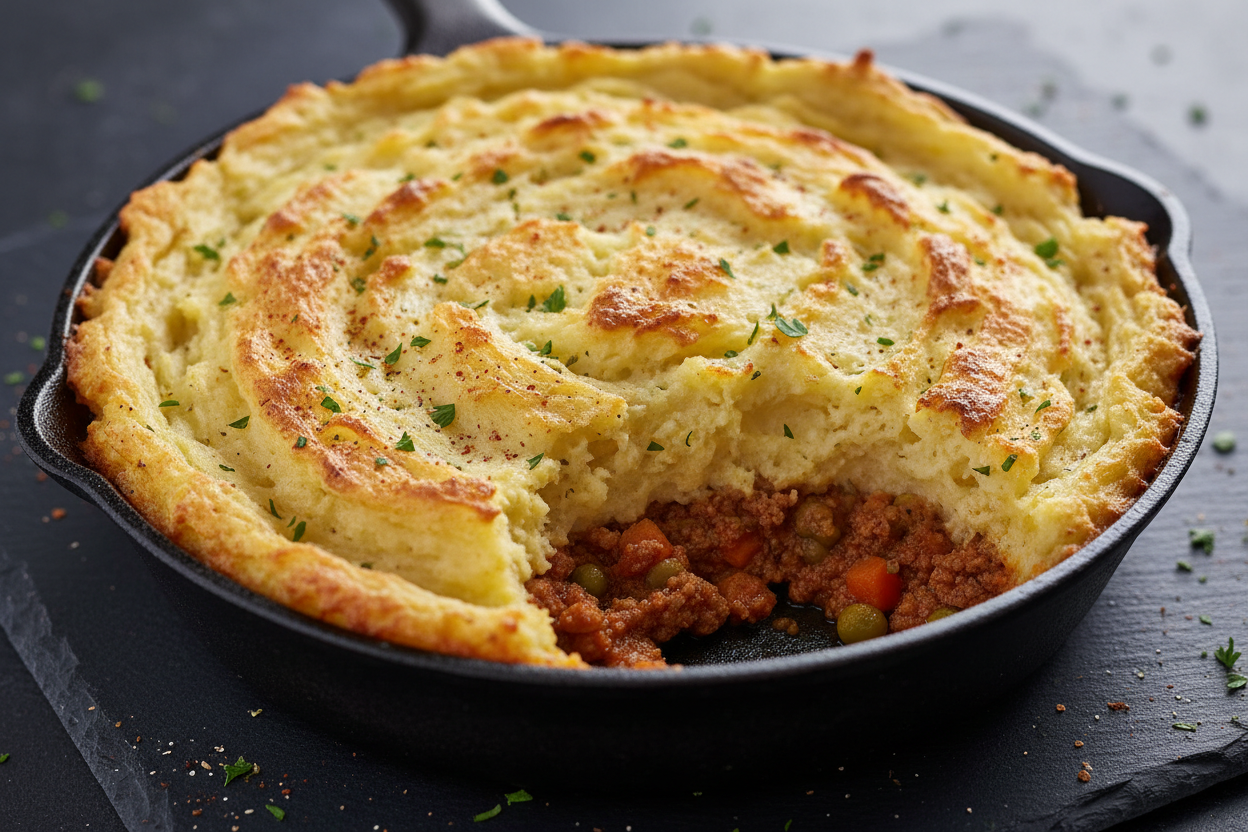 Spiced Lamb Mince Shepherd’s Pie on black slate background