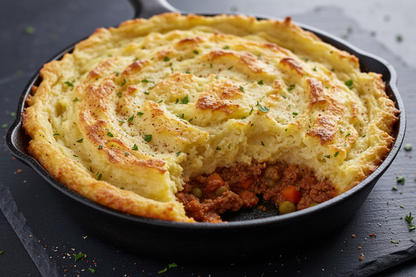 Spiced Lamb Mince Shepherd’s Pie on black slate background