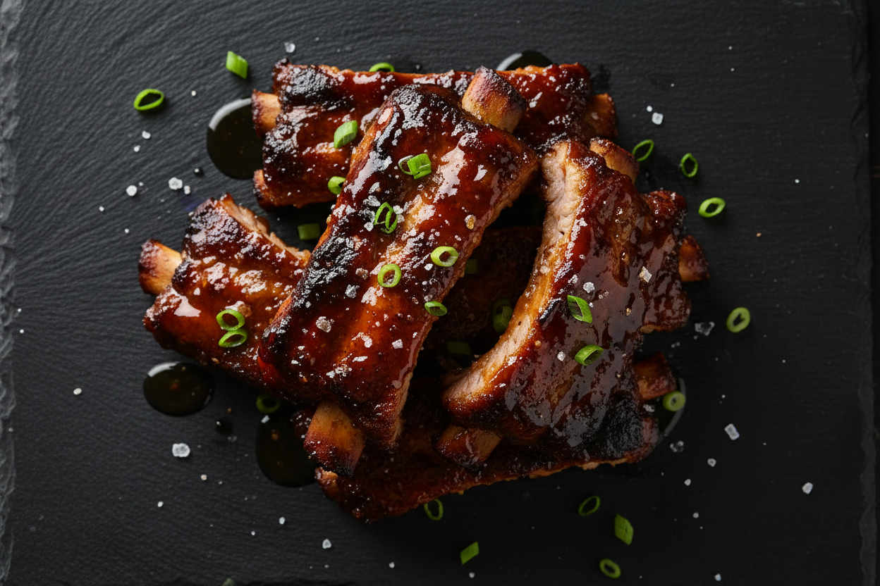 Sticky Pork Spare Ribs — Fall-Off-the-Bone Comfort Food on black slate background