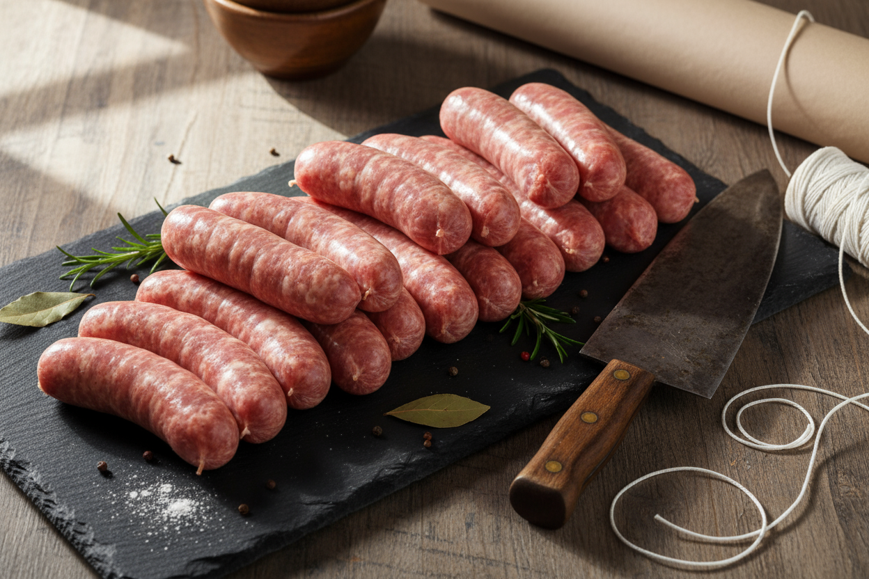 Traditional Pork Sausages&nbsp;made from finest quality Pork cuts using a simple Traditional recipe, raw on black slate 