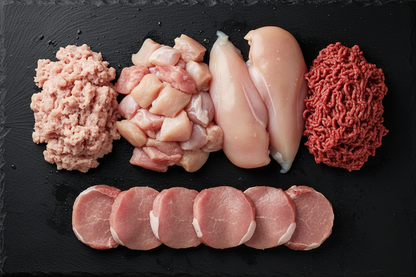 What’s included:
1kg diced chicken
1kg chicken fillets
750g turkey mince
750g 95% lean beef mince
500g lean pork medallions

no numbers or labels, and on a black slate 
